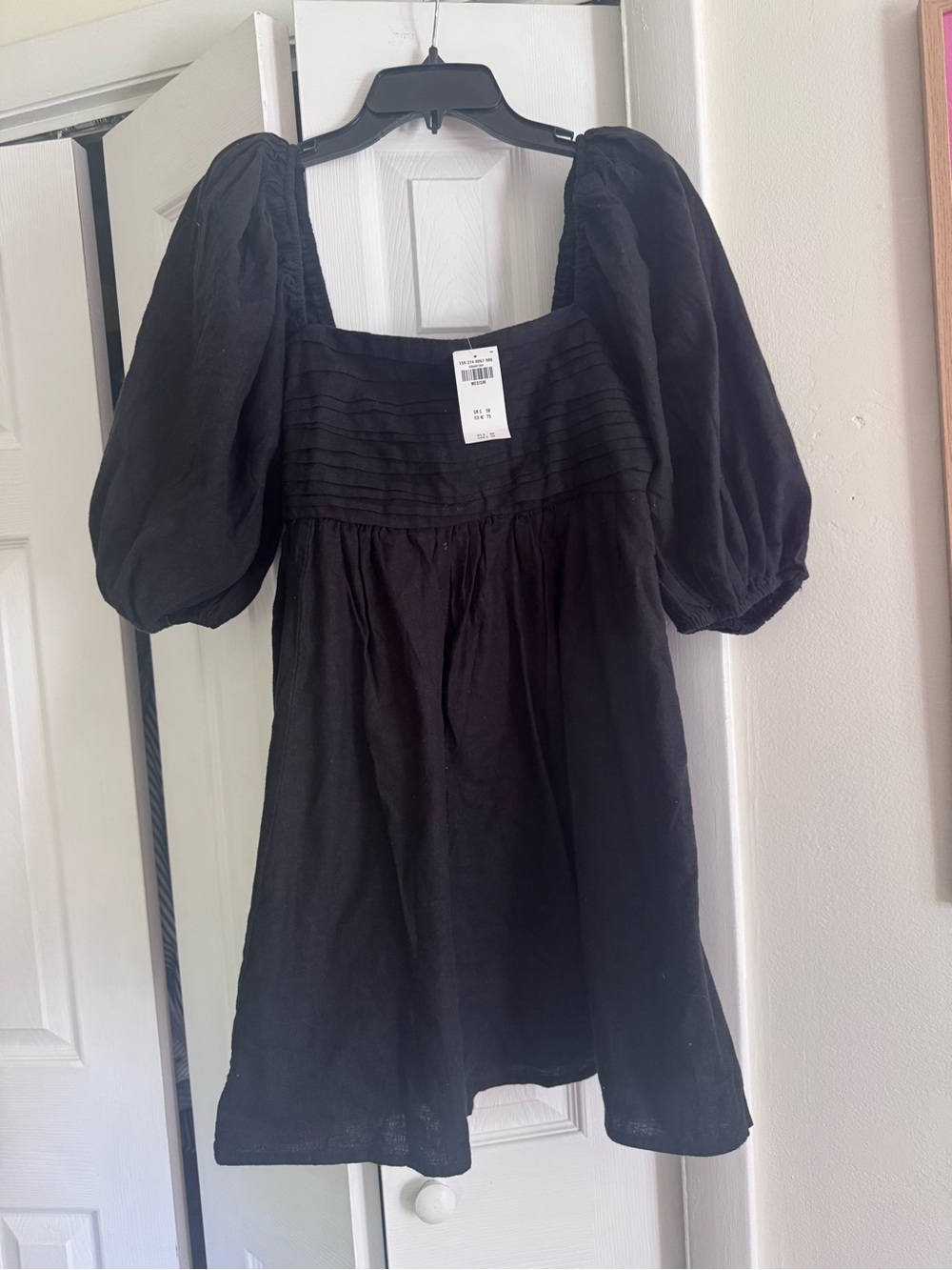 Abercrombie & Fitch Black Puff Sleeve Square Neck Linen Dress